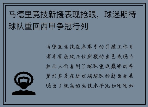 马德里竞技新援表现抢眼，球迷期待球队重回西甲争冠行列